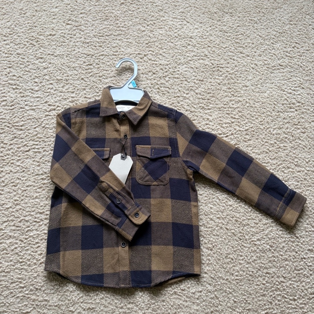 Zara Kids Brown and Navy Plaid Button Down Shirt
